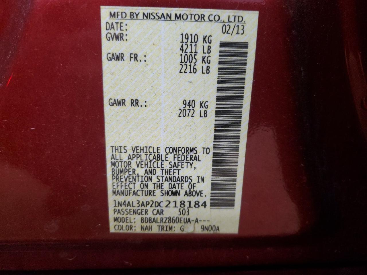 2013 Nissan Altima 2.5 VIN: 1N4AL3AP2DC218184 Lot: 81662035
