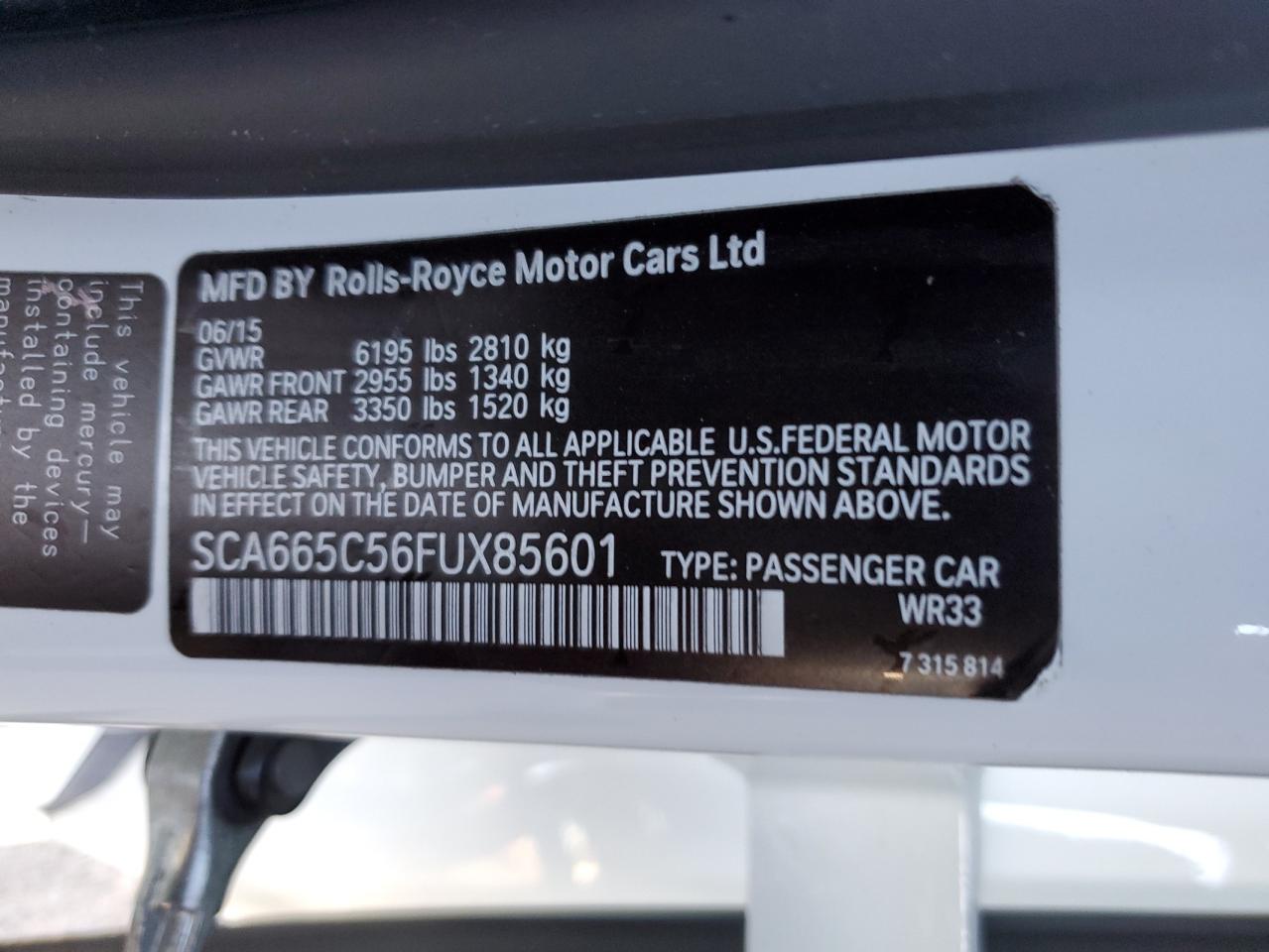 SCA665C56FUX85601 2015 Rolls-Royce Wraith