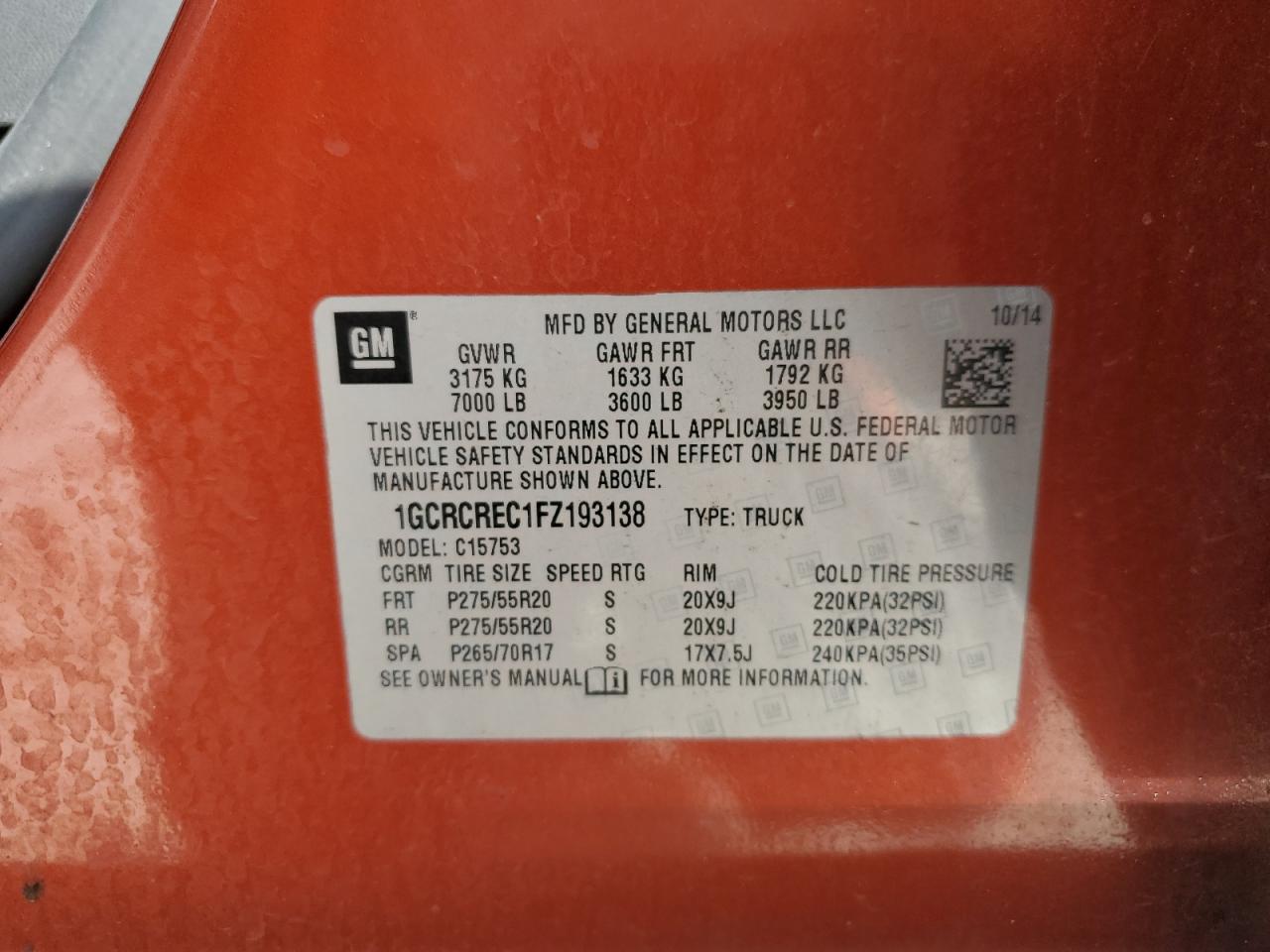 2015 Chevrolet Silverado C1500 Lt VIN: 1GCRCREC1FZ193138 Lot: 87426375
