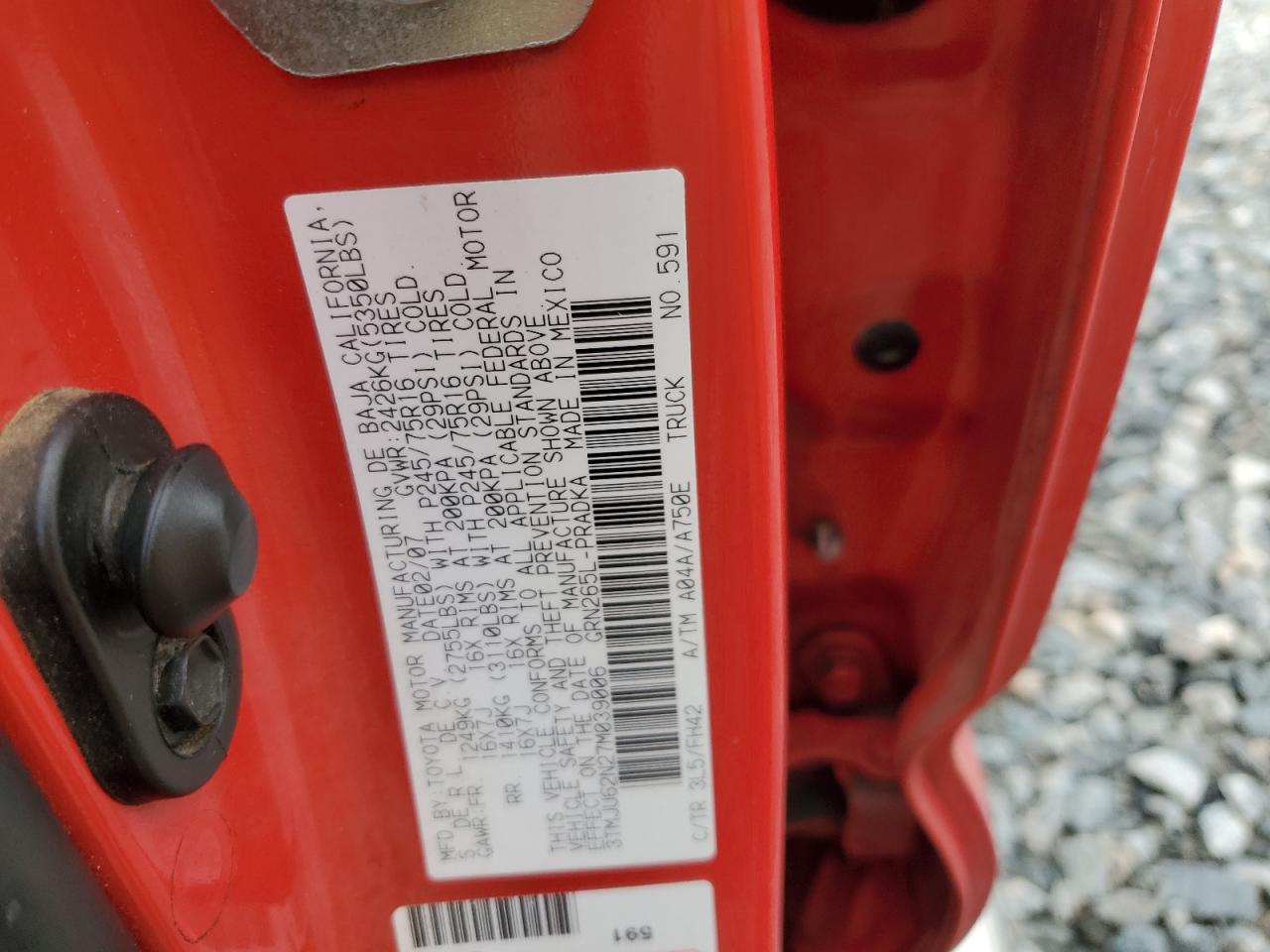 2007 Toyota Tacoma Double Cab Prerunner VIN: 3TMJU62N27M039006 Lot: 85509385