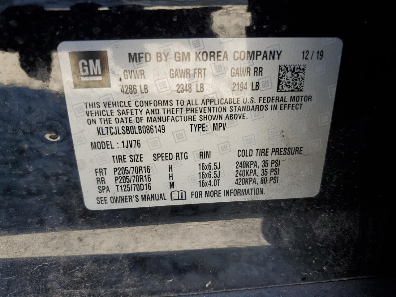 2020 Chevrolet Trax 1Lt VIN: KL7CJLSB0LB086149 Lot: 82484035