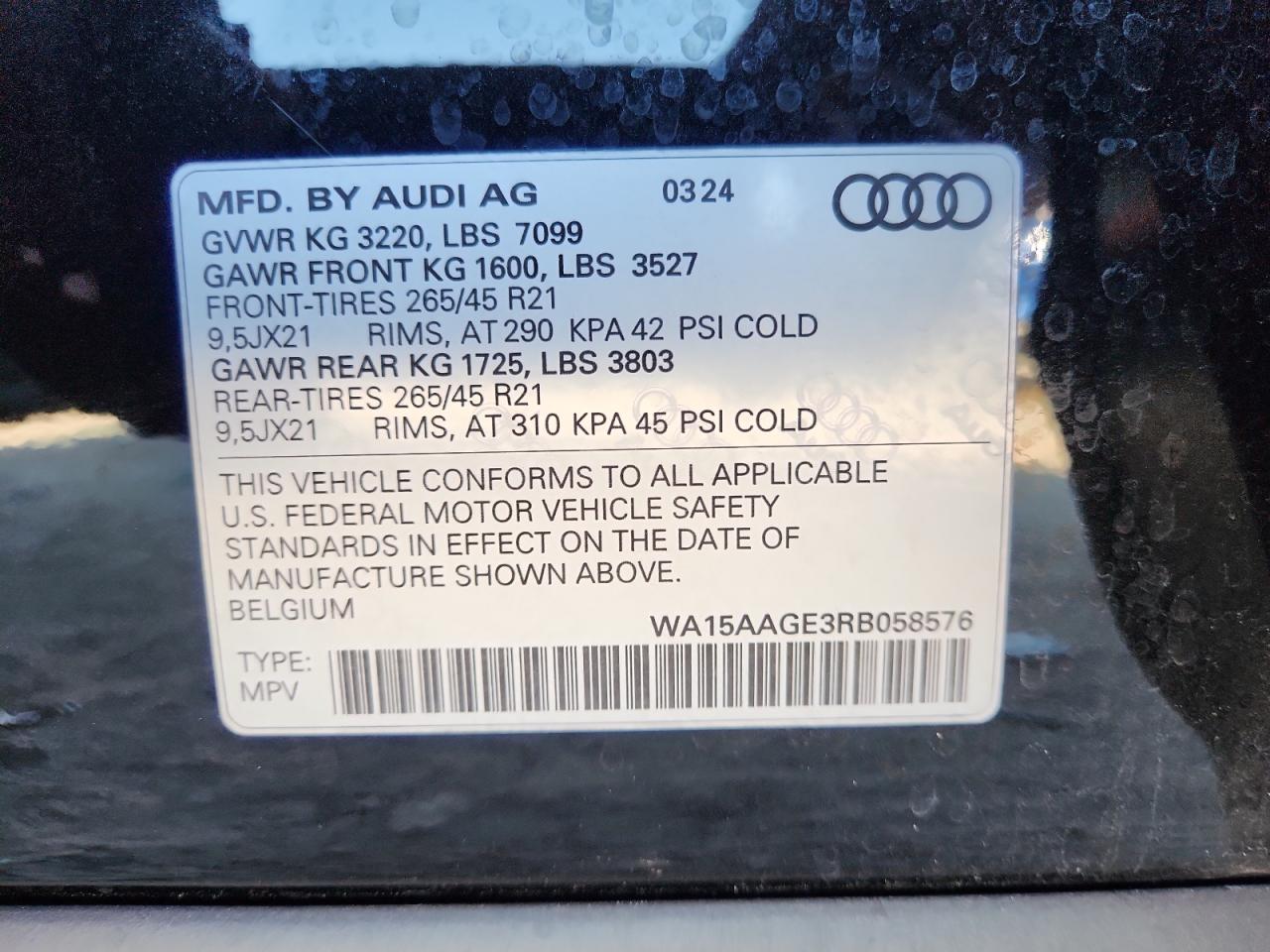 2024 Audi Q8 E-Tron Premium Plus VIN: WA15AAGE3RB058576 Lot: 86229595