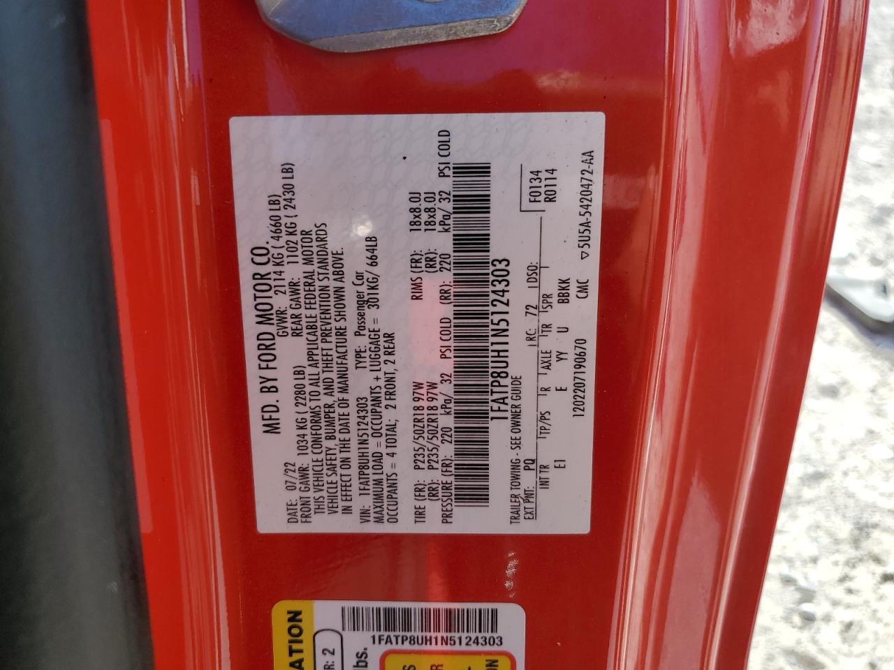 2022 Ford Mustang VIN: 1FATP8UH1N5124303 Lot: 86119325