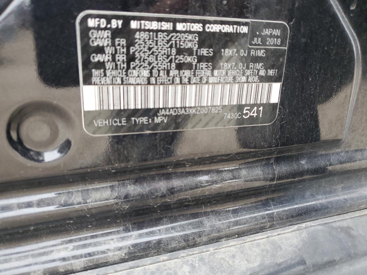 2019 Mitsubishi Outlander Se VIN: JA4AD3A3XKZ007825 Lot: 86049135