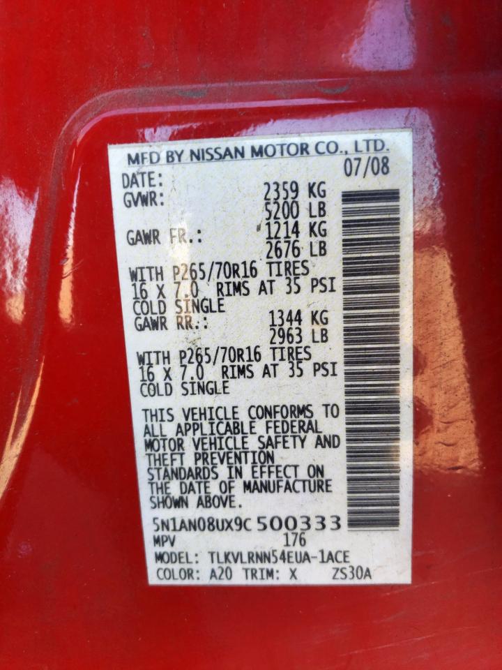 2009 Nissan Xterra Off Road VIN: 5N1AN08UX9C500333 Lot: 82420525