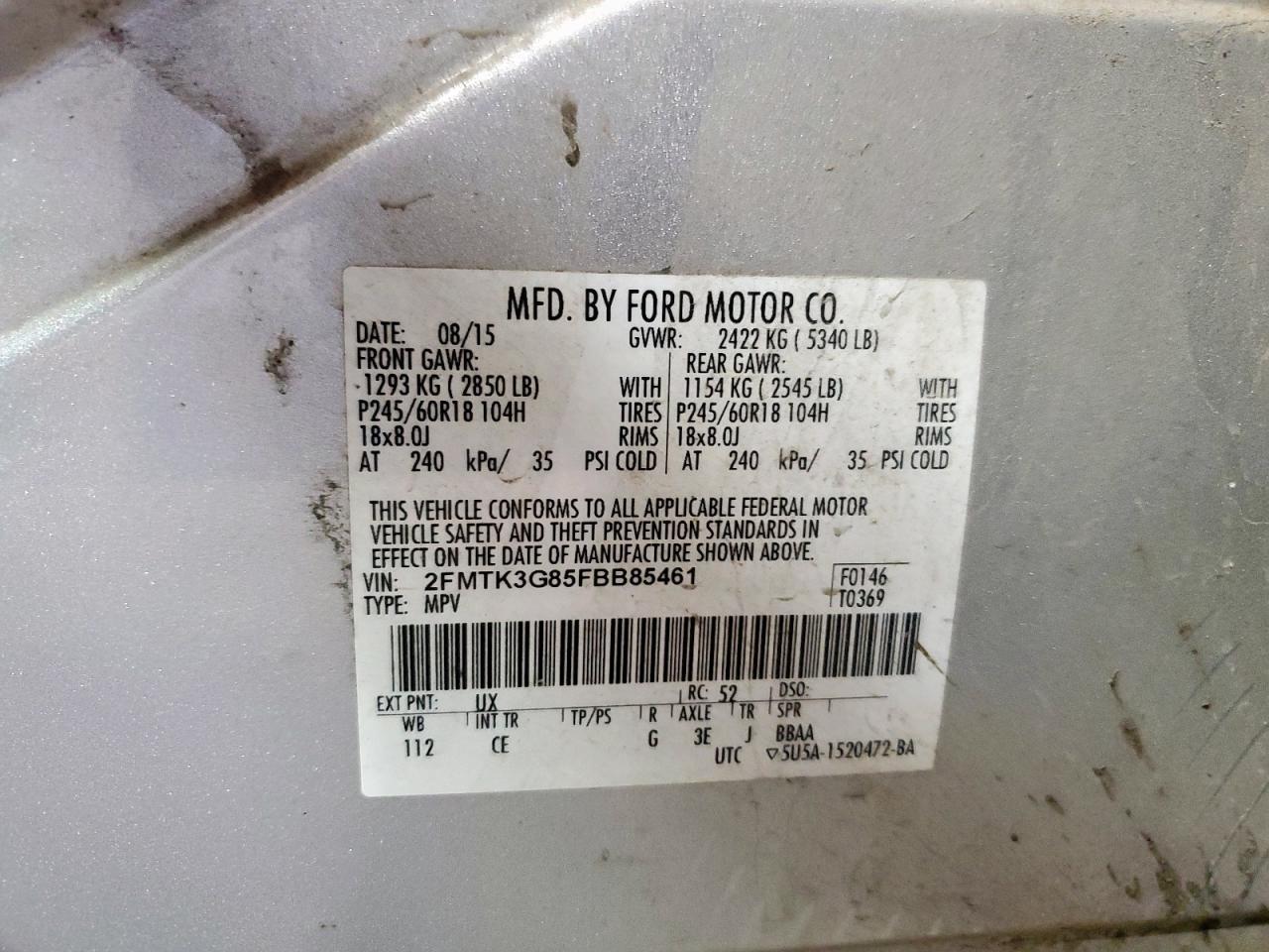 2015 Ford Edge Se VIN: 2FMTK3G85FBB85461 Lot: 85394715