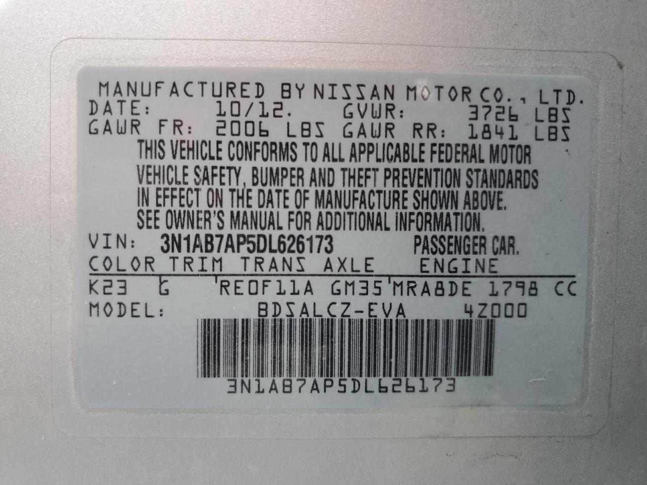 2013 Nissan Sentra S VIN: 3N1AB7AP5DL626173 Lot: 82455835