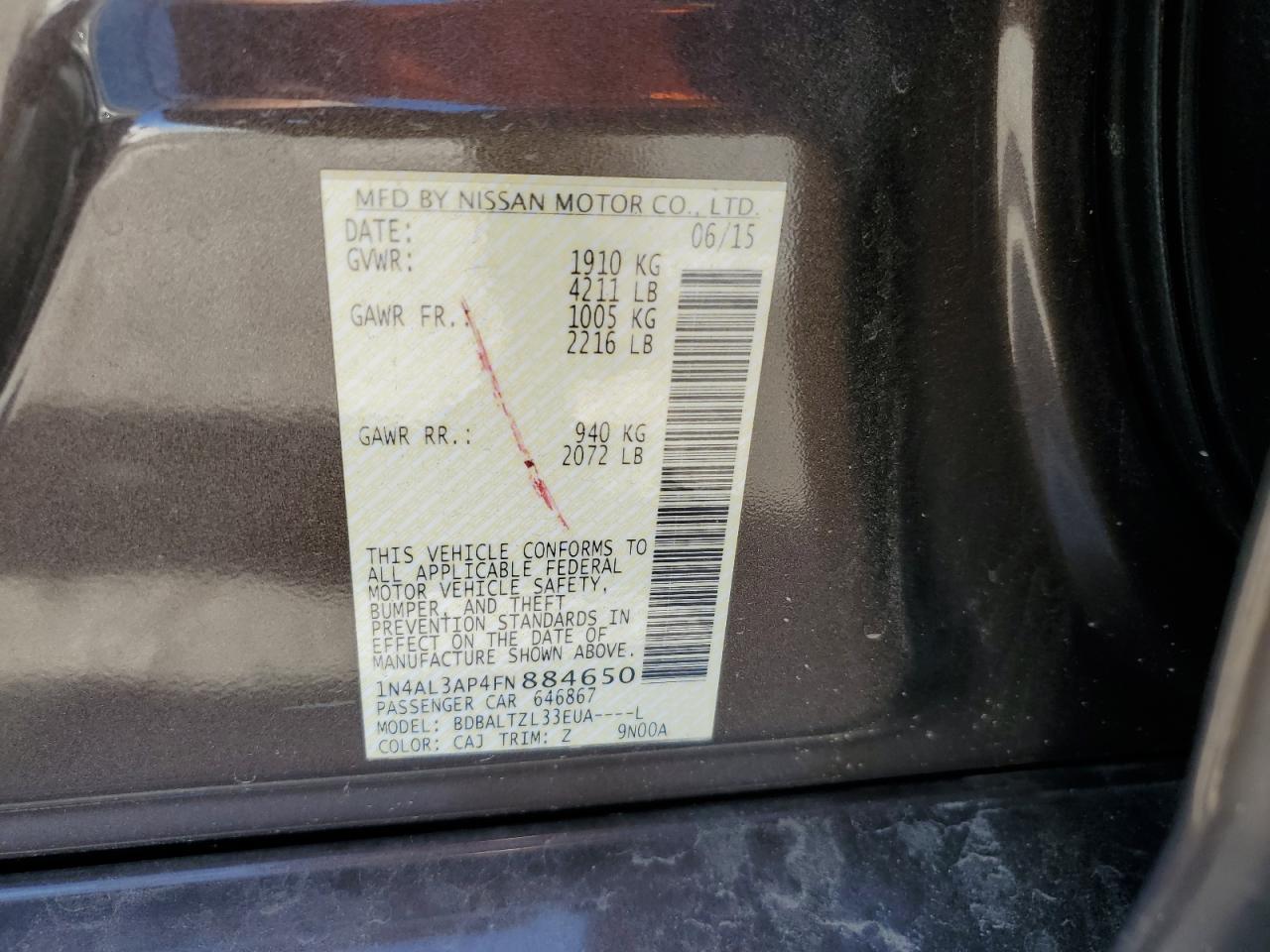 2015 Nissan Altima 2.5 VIN: 1N4AL3AP4FN884650 Lot: 82278255