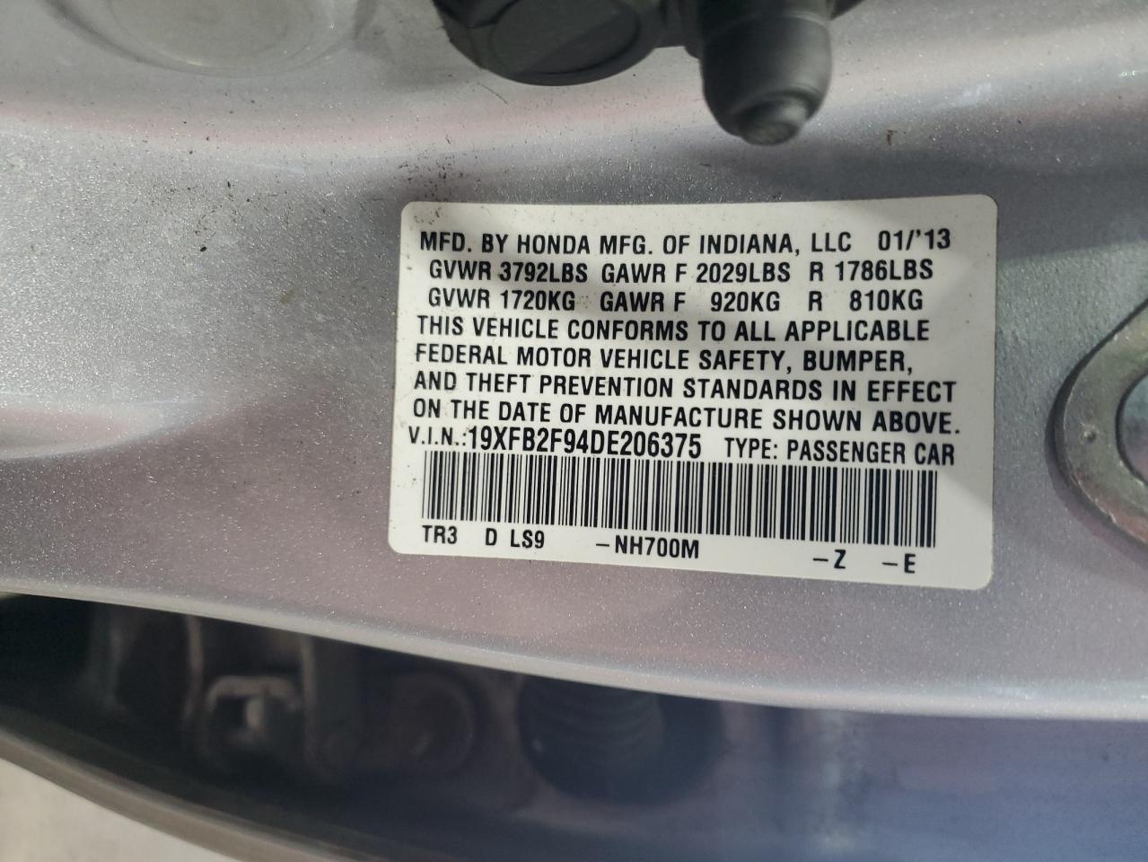 2013 Honda Civic Exl VIN: 19XFB2F94DE206375 Lot: 84965565