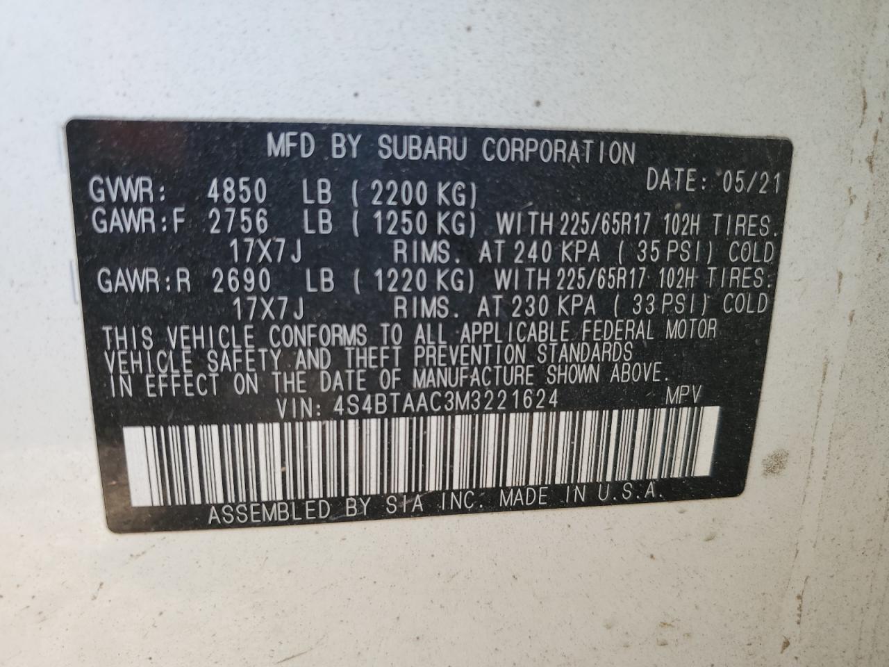 2021 Subaru Outback VIN: 4S4BTAAC3M3221624 Lot: 84703605