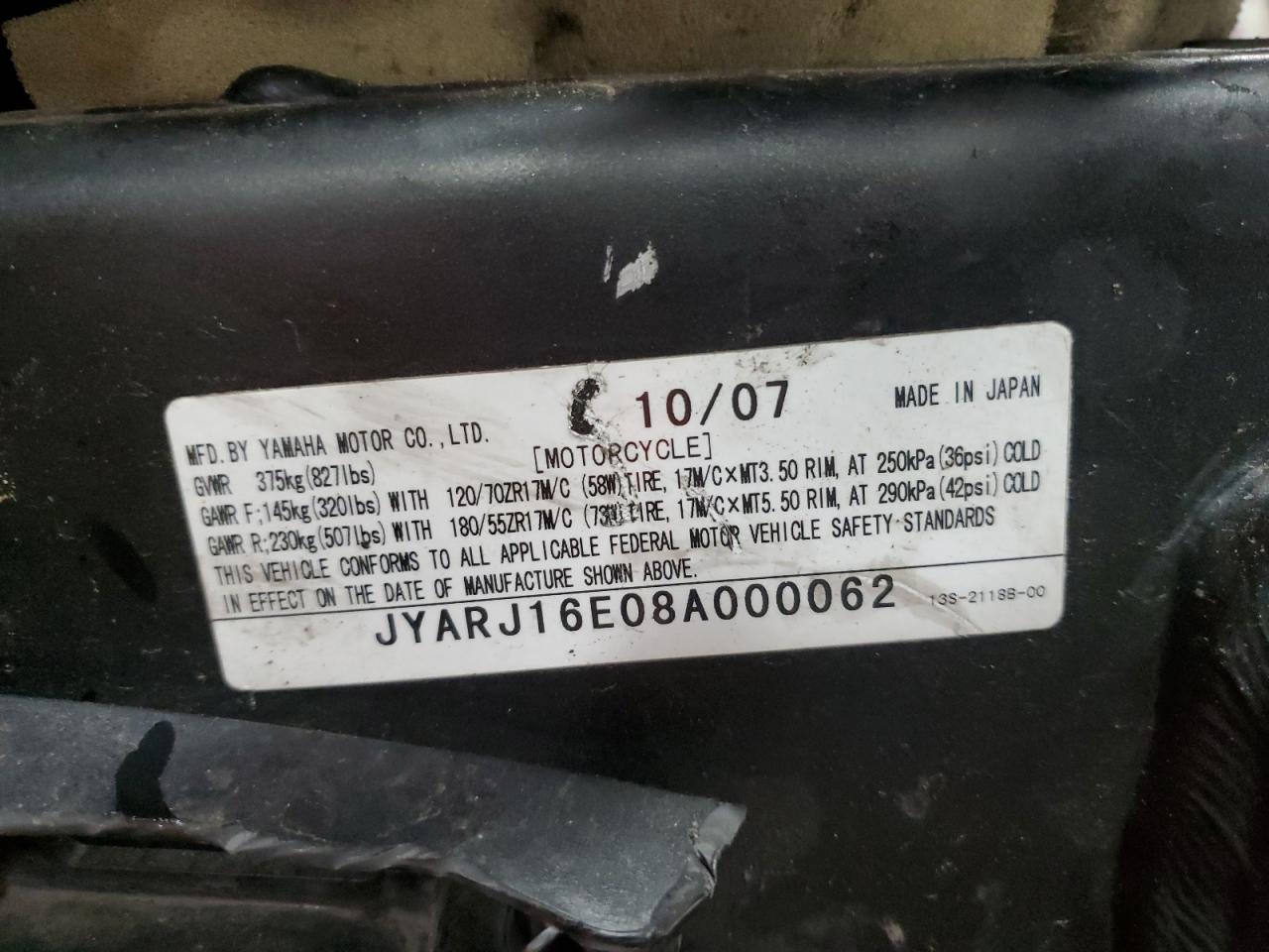 2008 Yamaha Yzfr6 VIN: JYARJ16E08A000062 Lot: 84791845