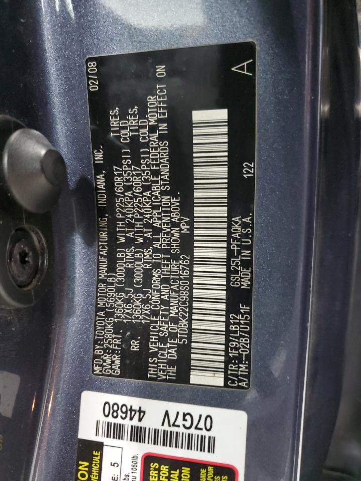 2008 Toyota Sienna Xle VIN: 5TDBK22C98S016762 Lot: 86849105