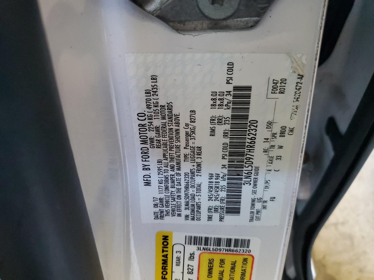 2017 Lincoln Mkz Select VIN: 3LN6L5D97HR662320 Lot: 82498195