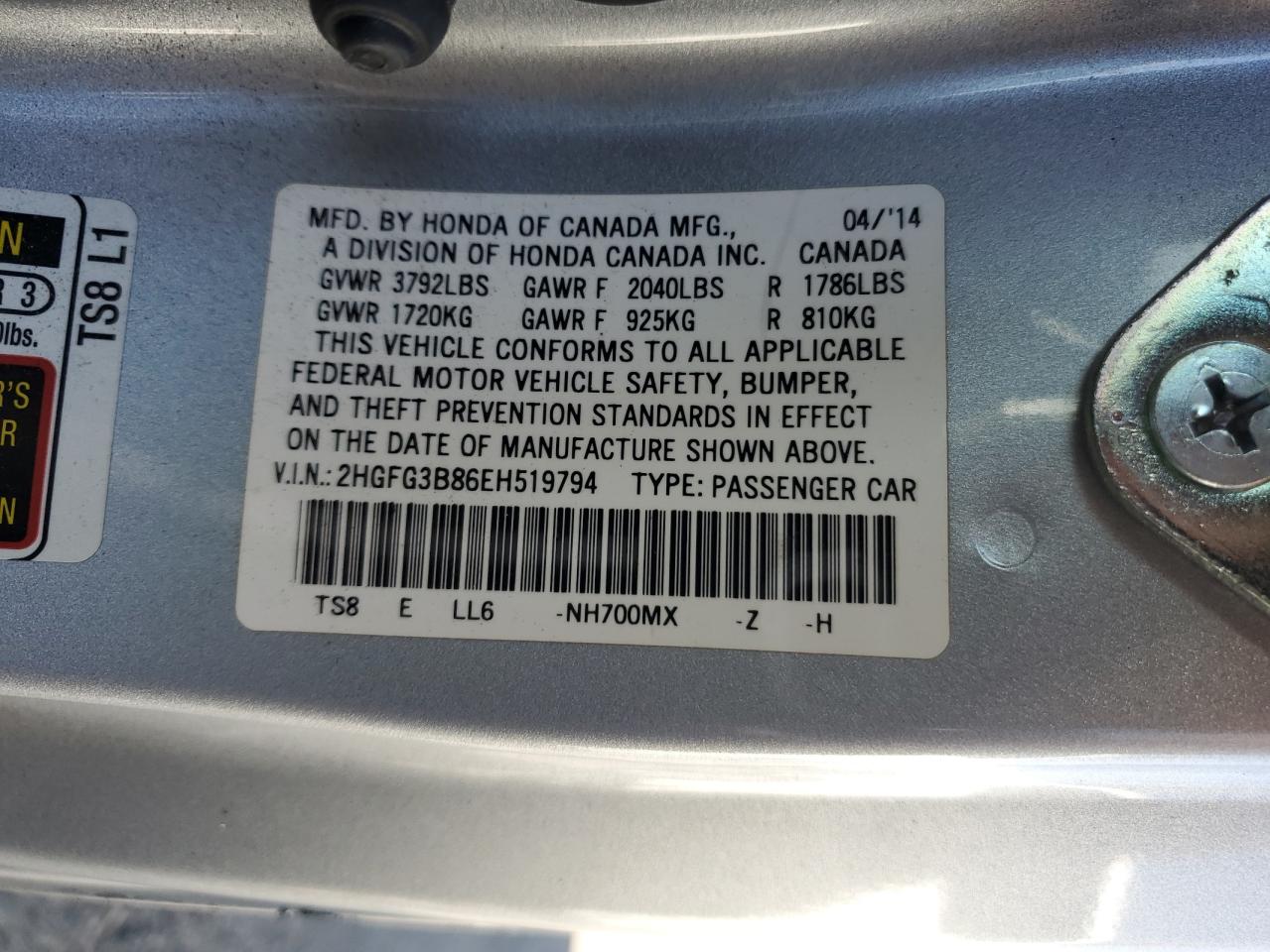 2014 Honda Civic Ex VIN: 2HGFG3B86EH519794 Lot: 81993545