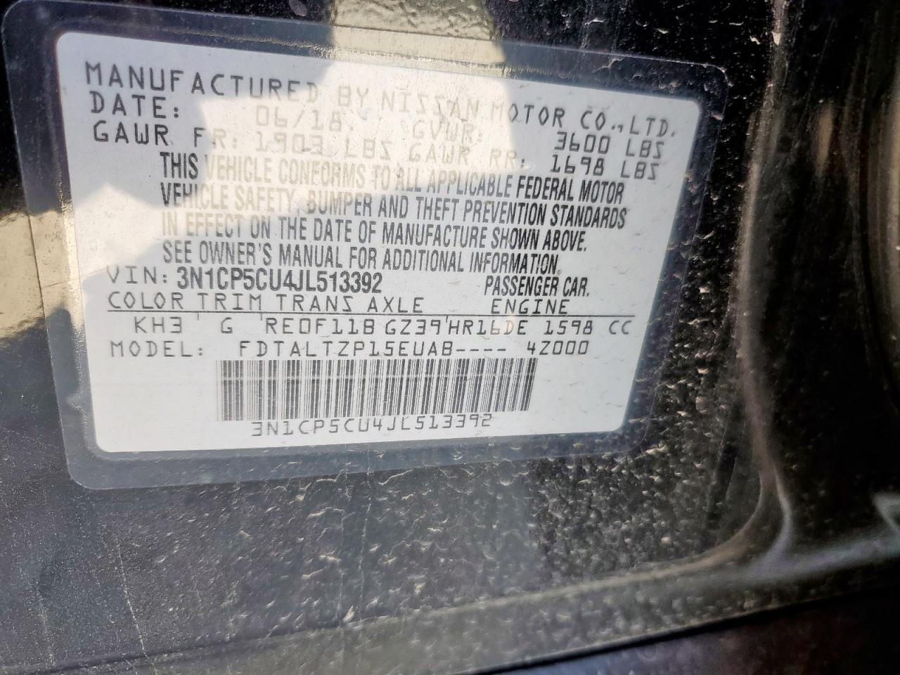 2018 Nissan Kicks S VIN: 3N1CP5CU4JL513392 Lot: 82497025