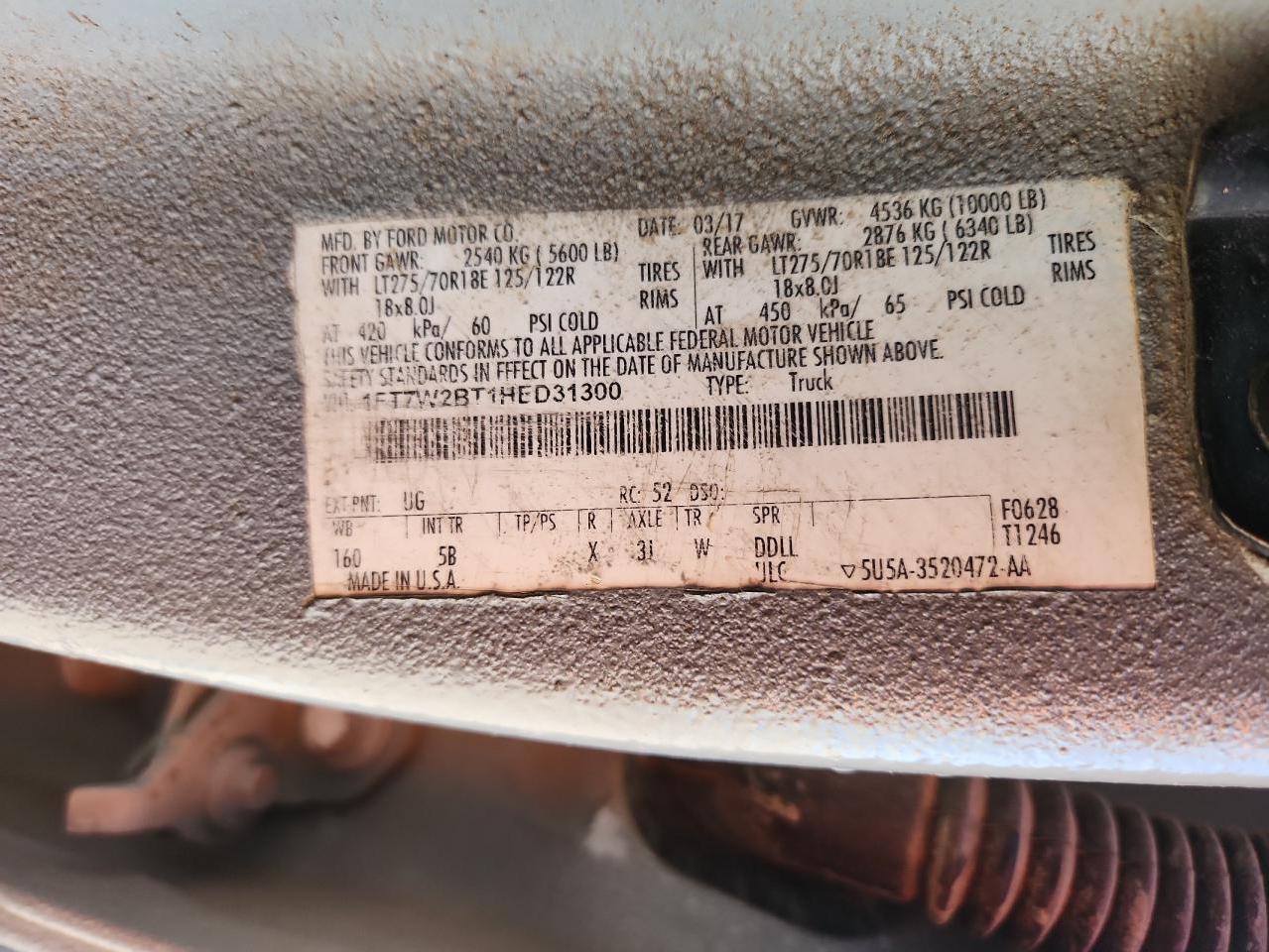 2017 Ford F250 Super Duty VIN: 1FT7W2BT1HED31300 Lot: 84638535