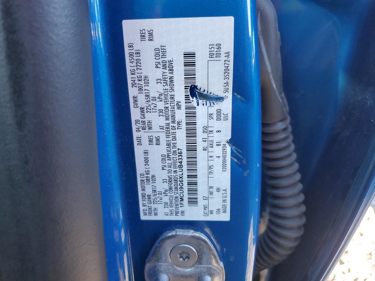 2020 Ford Escape Se VIN: 1FMCU9G6XLUB43367 Lot: 85874125