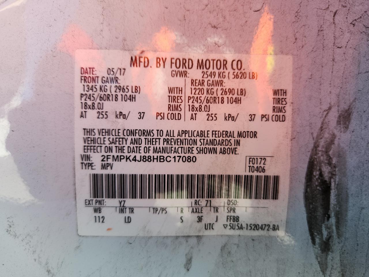 2017 Ford Edge Sel VIN: 2FMPK4J88HBC17080 Lot: 81972045