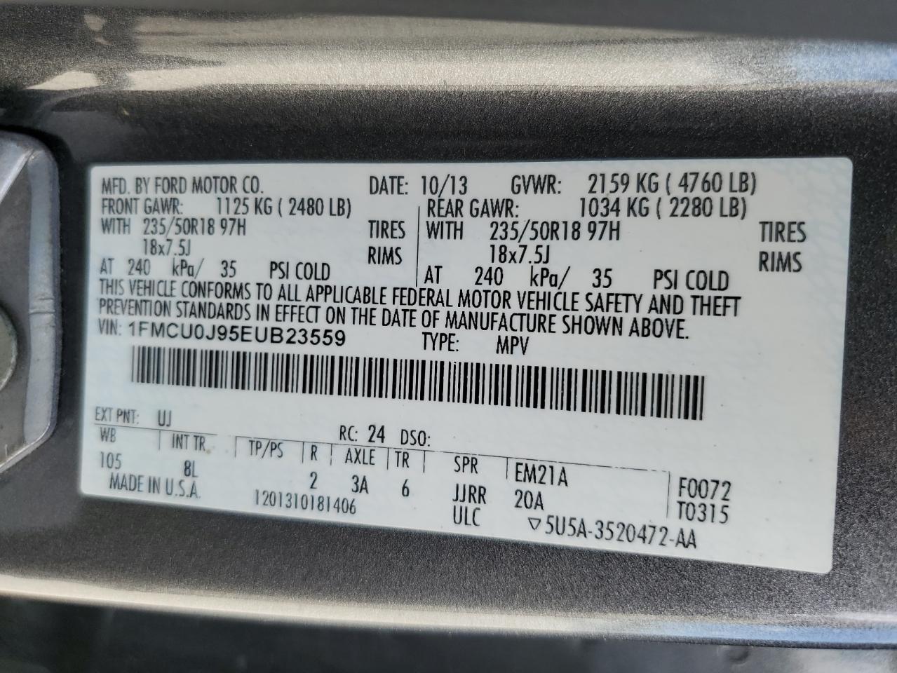 2014 Ford Escape Titanium VIN: 1FMCU0J95EUB23559 Lot: 85117825