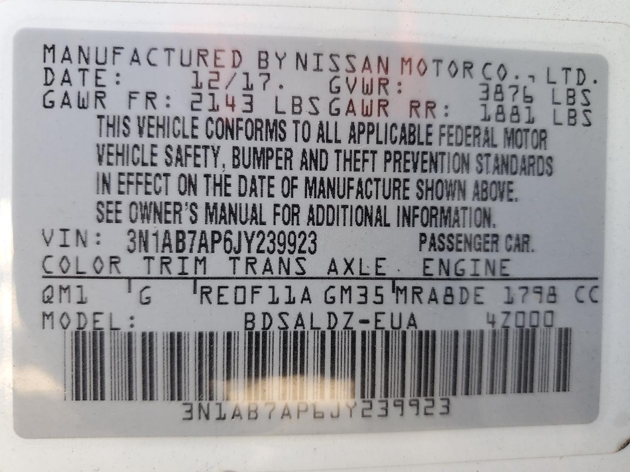 2018 Nissan Sentra S VIN: 3N1AB7AP6JY239923 Lot: 85473795