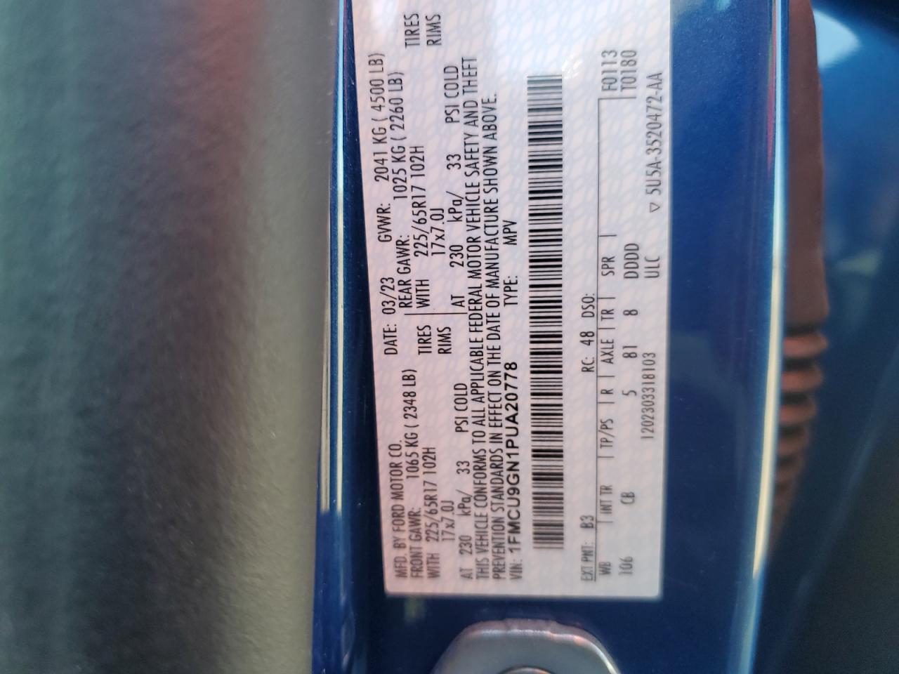 2023 Ford Escape Active VIN: 1FMCU9GN1PUA20778 Lot: 85939665