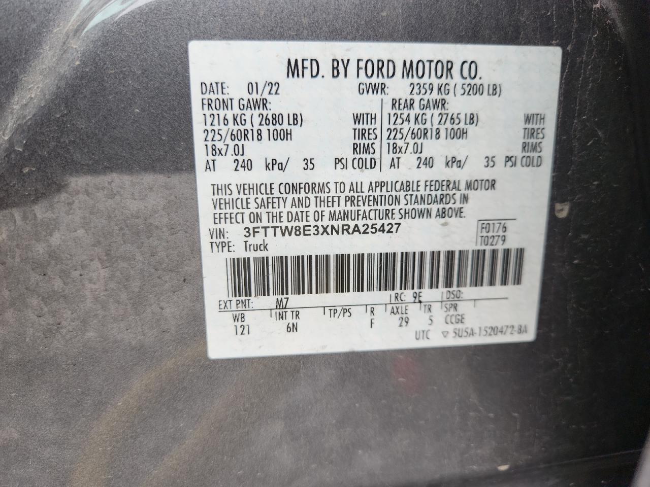 2022 Ford Maverick Xl VIN: 3FTTW8E3XNRA25427 Lot: 84575875