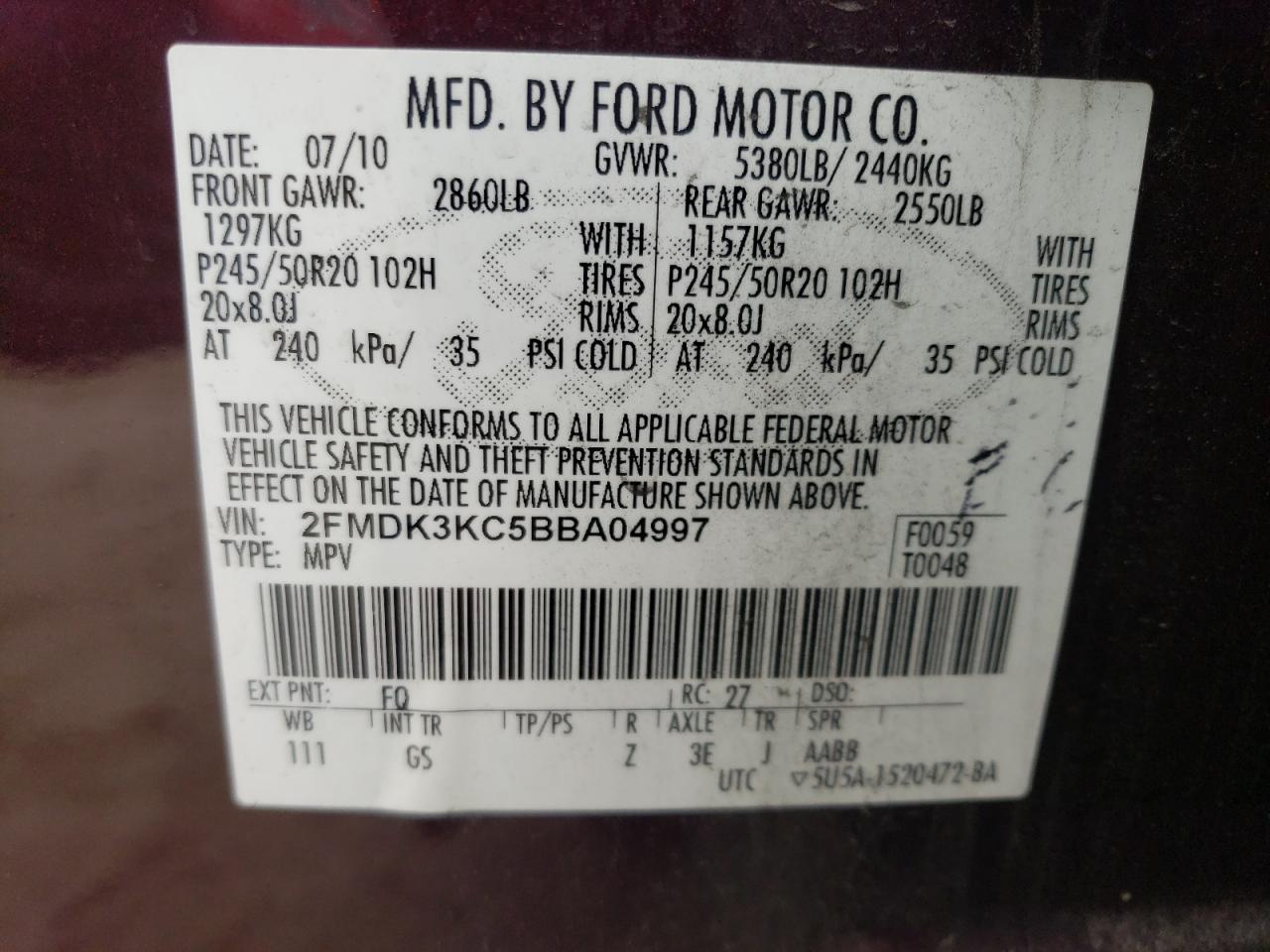 2011 Ford Edge Limited VIN: 2FMDK3KC5BBA04997 Lot: 85602595