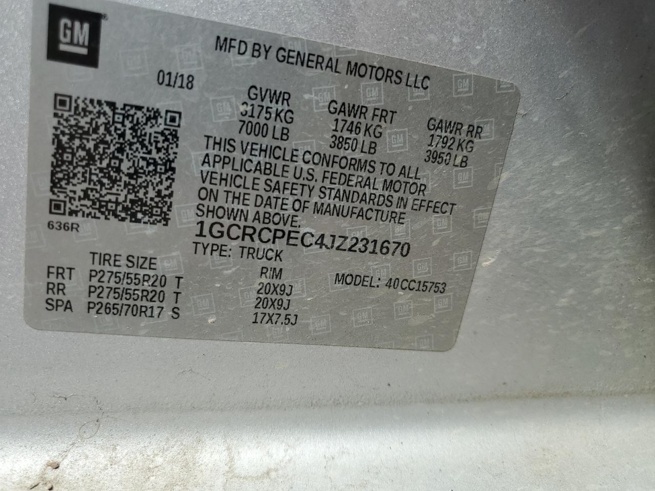 2018 Chevrolet Silverado C1500 Custom VIN: 1GCRCPEC4JZ231670 Lot: 85677925