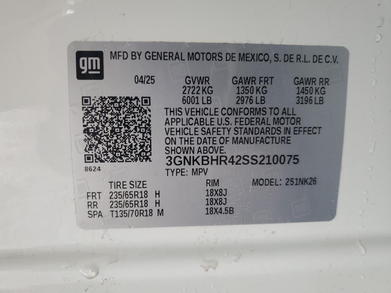 2025 Chevrolet Blazer 2Lt VIN: 3GNKBHR42SS210075 Lot: 85753095