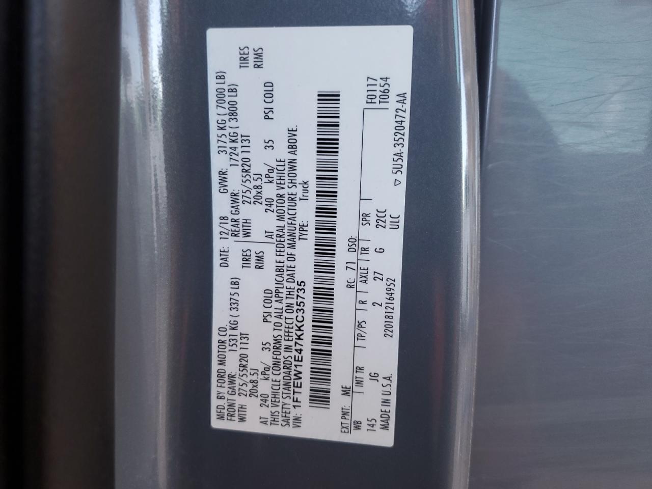 2019 Ford F150 Supercrew VIN: 1FTEW1E47KKC35735 Lot: 85527305