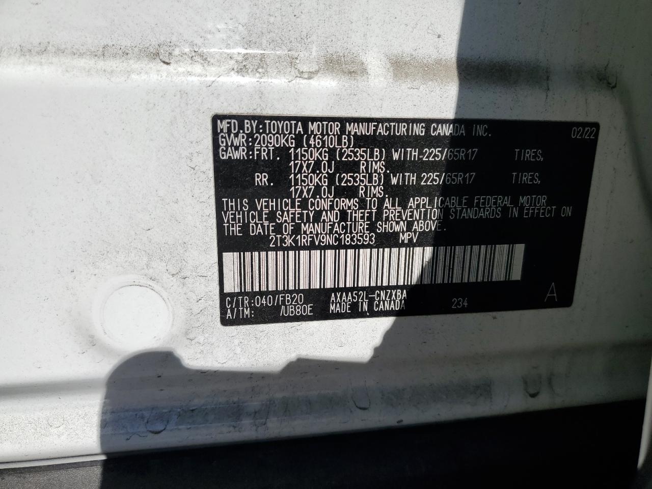 2022 Toyota Rav4 Le VIN: 2T3K1RFV9NC183593 Lot: 85012225