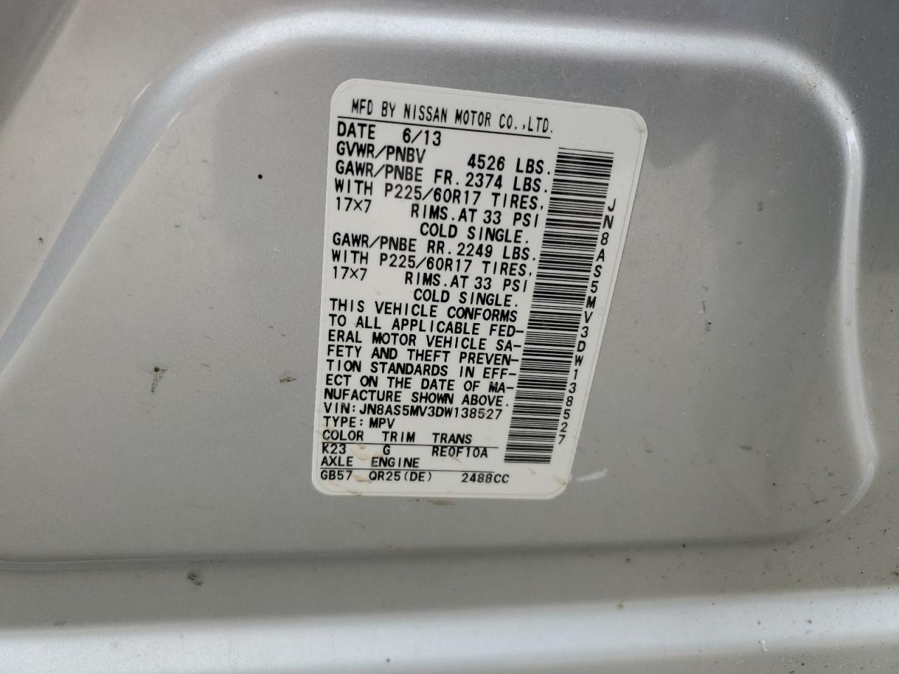 2013 Nissan Rogue S VIN: JN8AS5MV3DW138527 Lot: 86105195