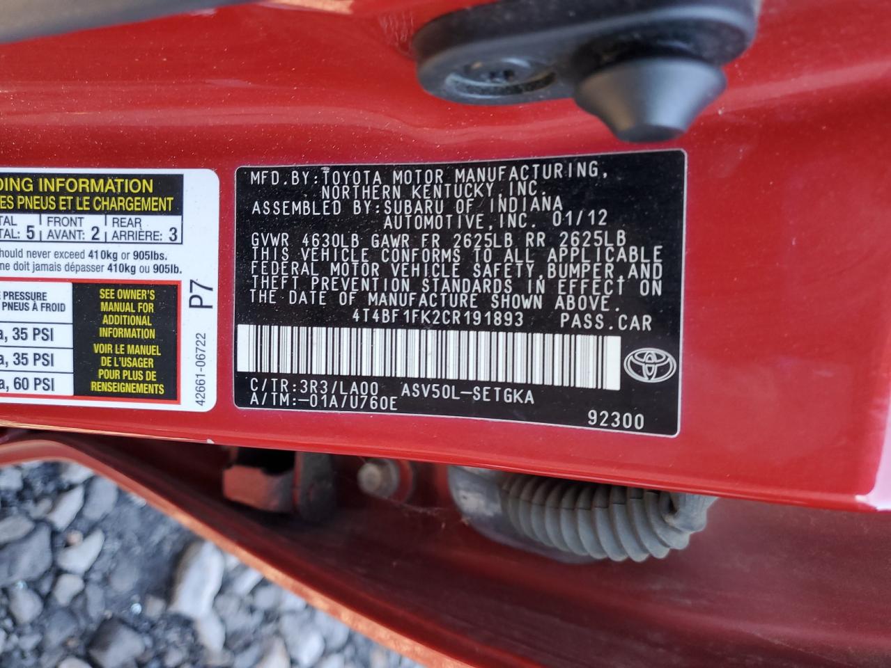 2012 Toyota Camry Base VIN: 4T4BF1FK2CR191893 Lot: 85359005