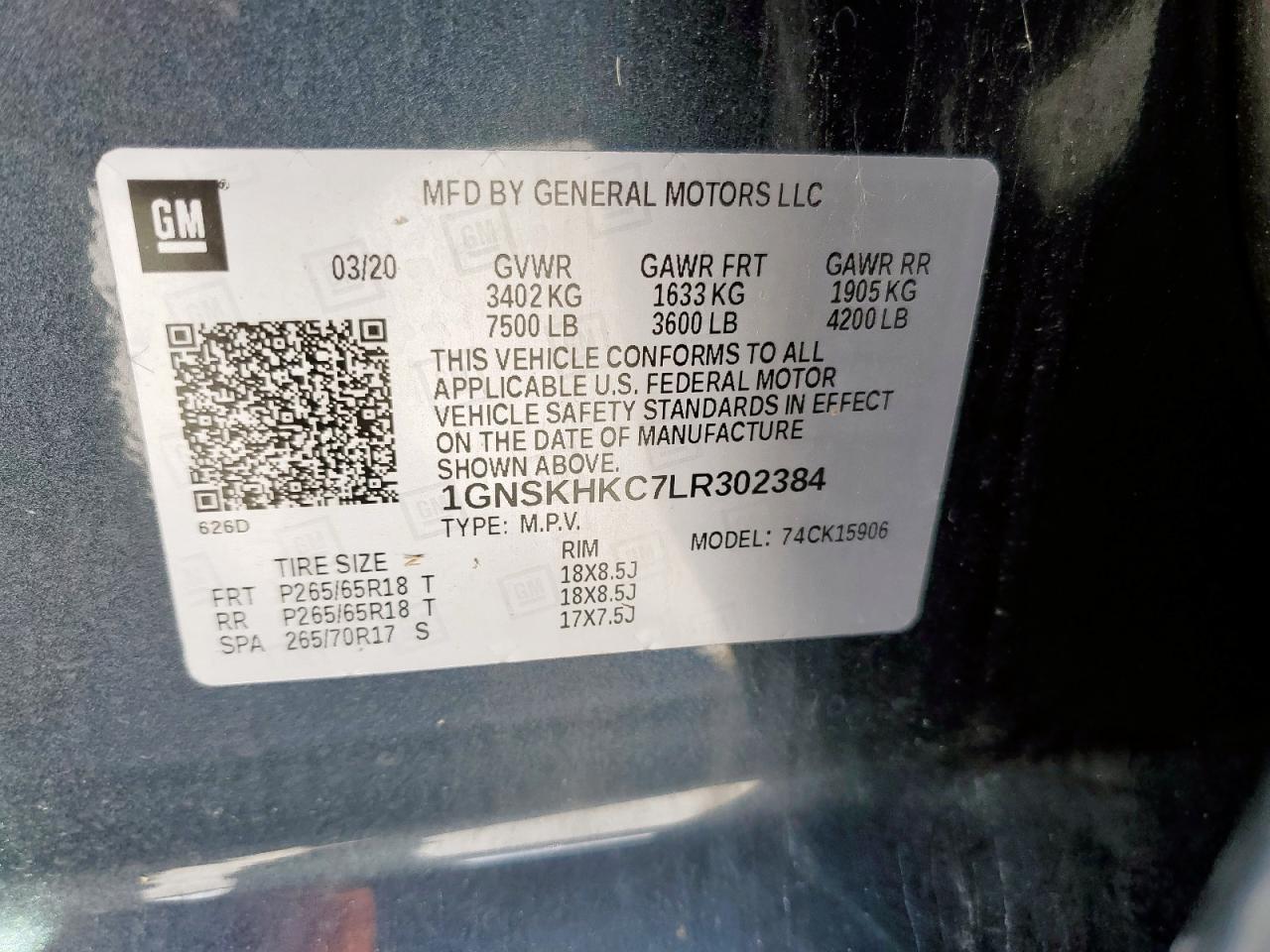 2020 Chevrolet Suburban K1500 Lt VIN: 1GNSKHKC7LR302384 Lot: 85836875