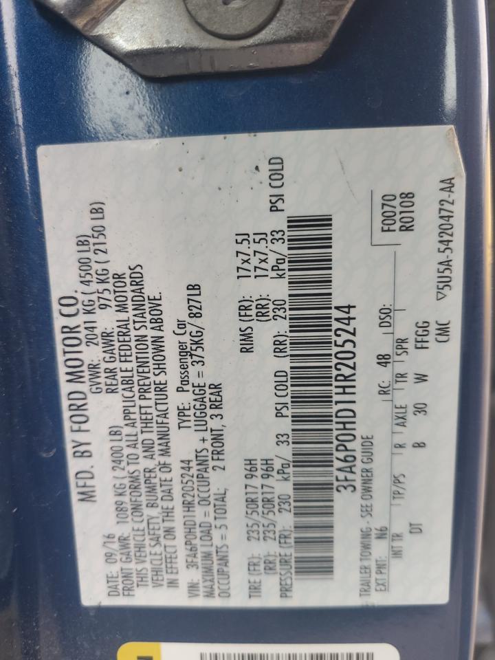 2017 Ford Fusion Se VIN: 3FA6P0HD1HR205244 Lot: 90113185