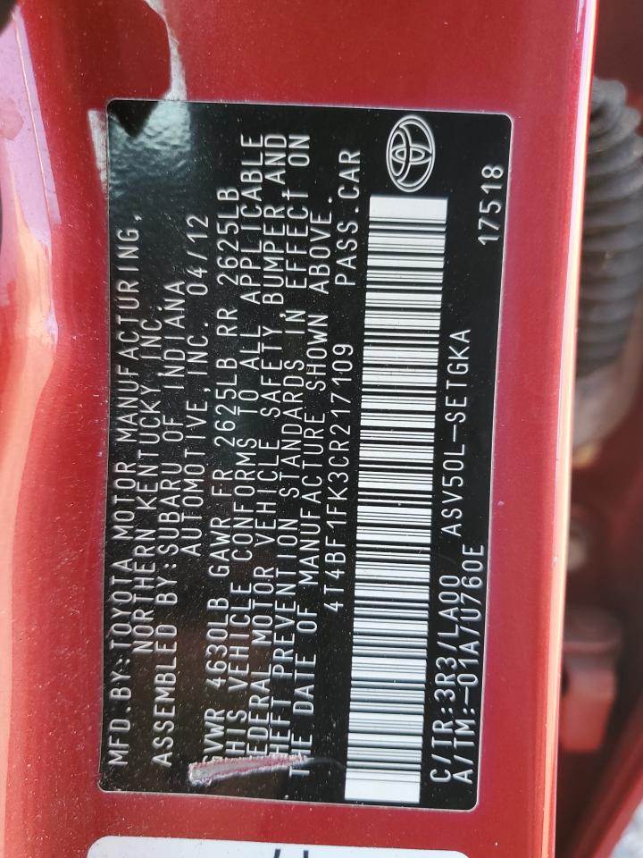 2012 Toyota Camry Base VIN: 4T4BF1FK3CR217109 Lot: 85137155