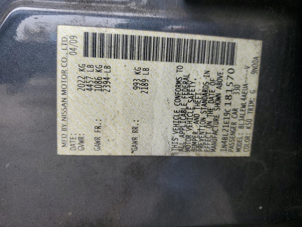 2009 Nissan Altima 3.5Se VIN: 1N4BL21E19C181570 Lot: 85897255