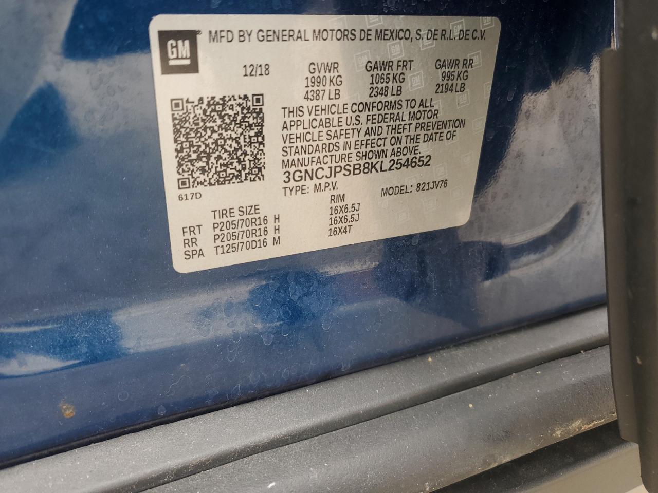 2019 Chevrolet Trax 1Lt VIN: 3GNCJPSB8KL254652 Lot: 82670705