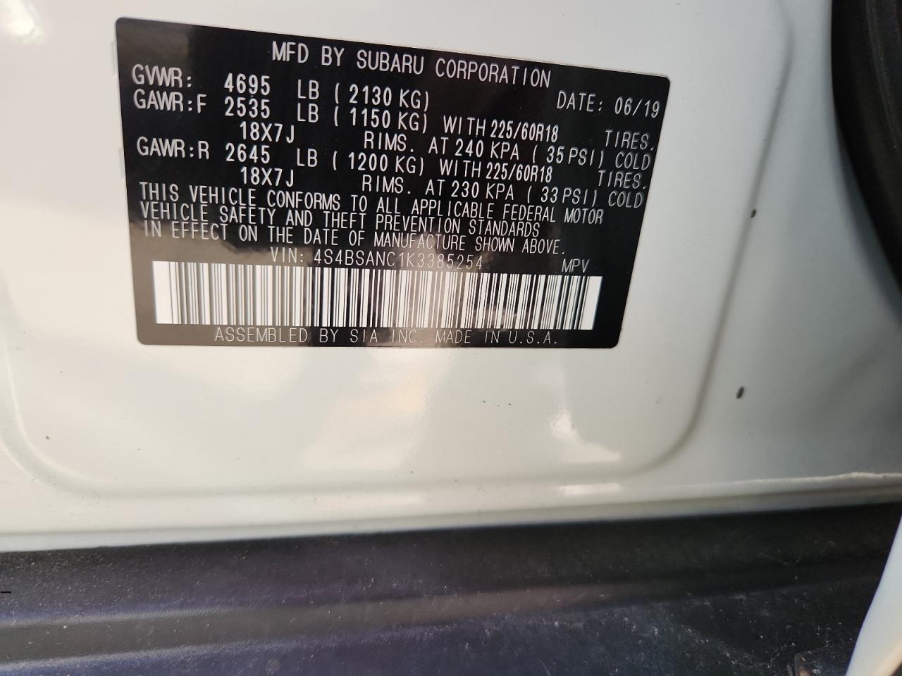2019 Subaru Outback 2.5I Limited VIN: 4S4BSANC1K3385254 Lot: 84418645