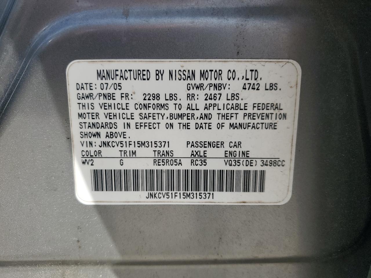 2005 Infiniti G35 VIN: JNKCV51F15M315371 Lot: 81897465