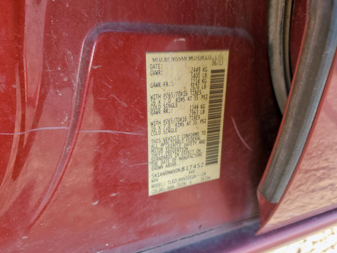 2013 Nissan Xterra X VIN: 5N1AN0NWXDN817452 Lot: 86264715