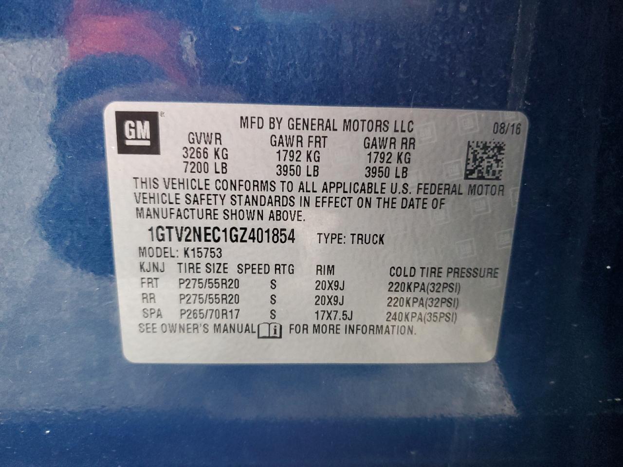 2016 GMC Sierra K1500 Slt VIN: 1GTV2NEC1GZ401854 Lot: 82762165