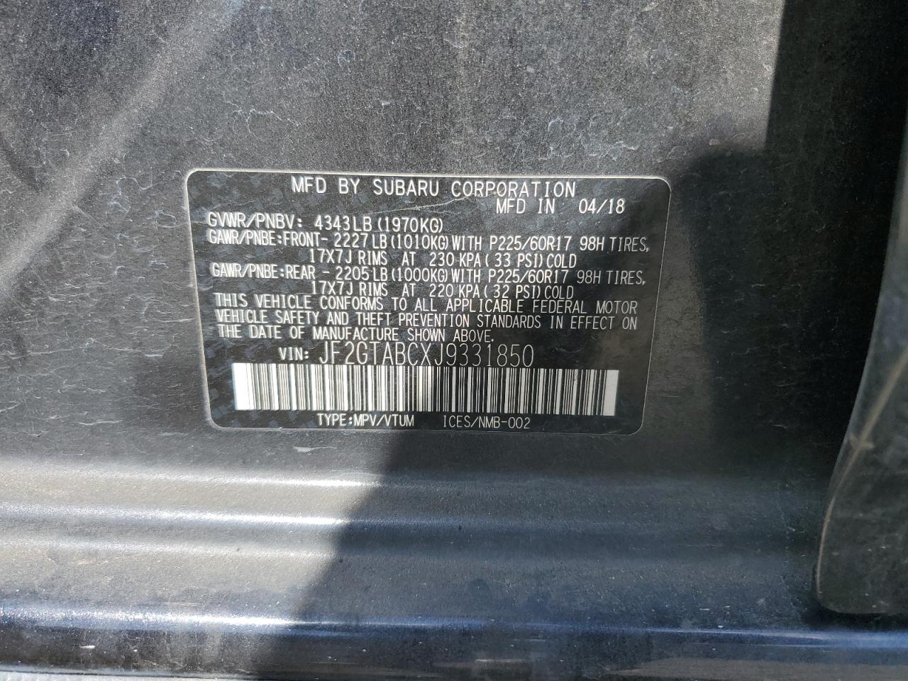 2018 Subaru Crosstrek Premium VIN: JF2GTABCXJ9331850 Lot: 85502225