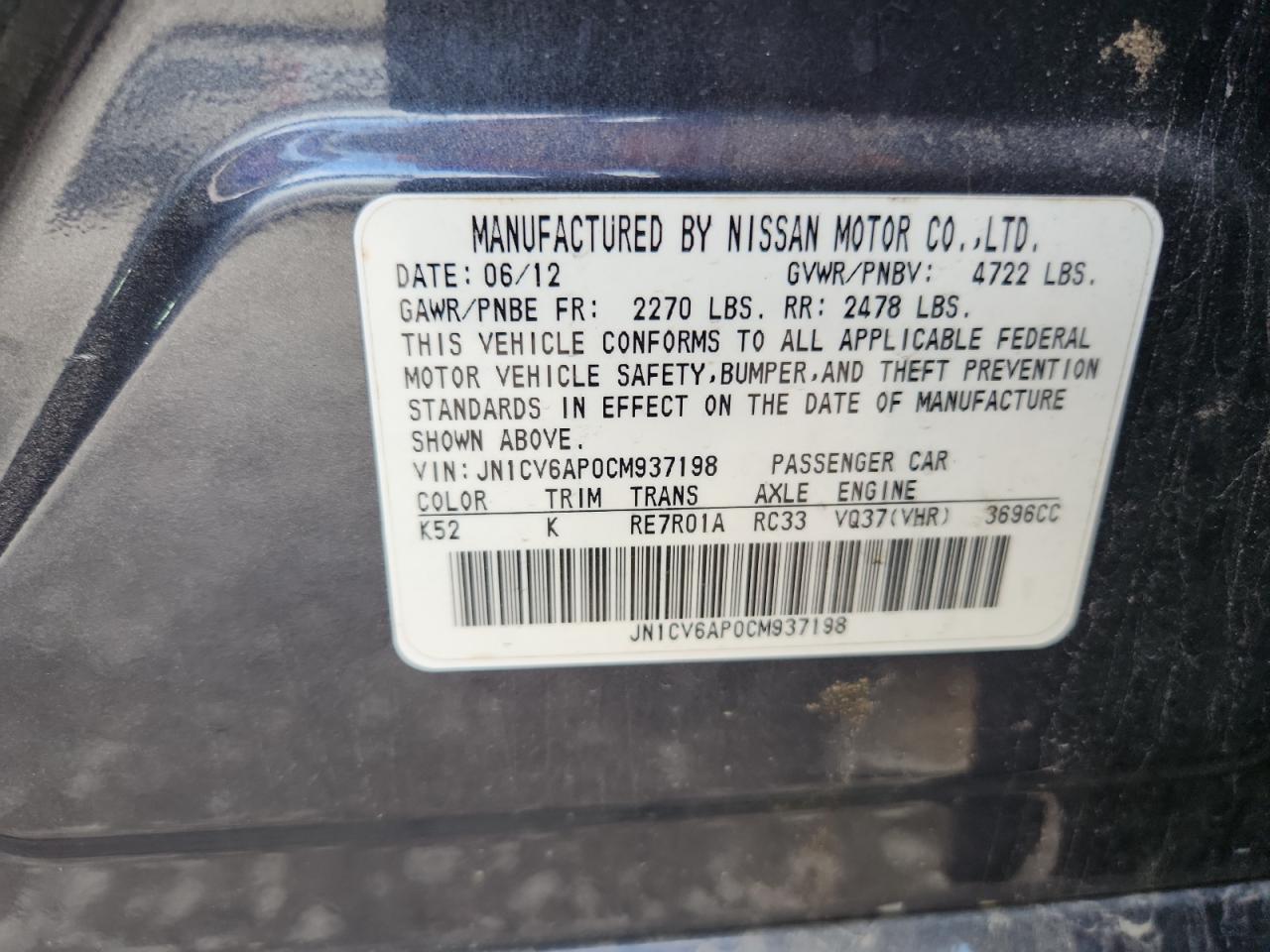 2012 Infiniti G37 Base VIN: JN1CV6AP0CM937198 Lot: 86677665