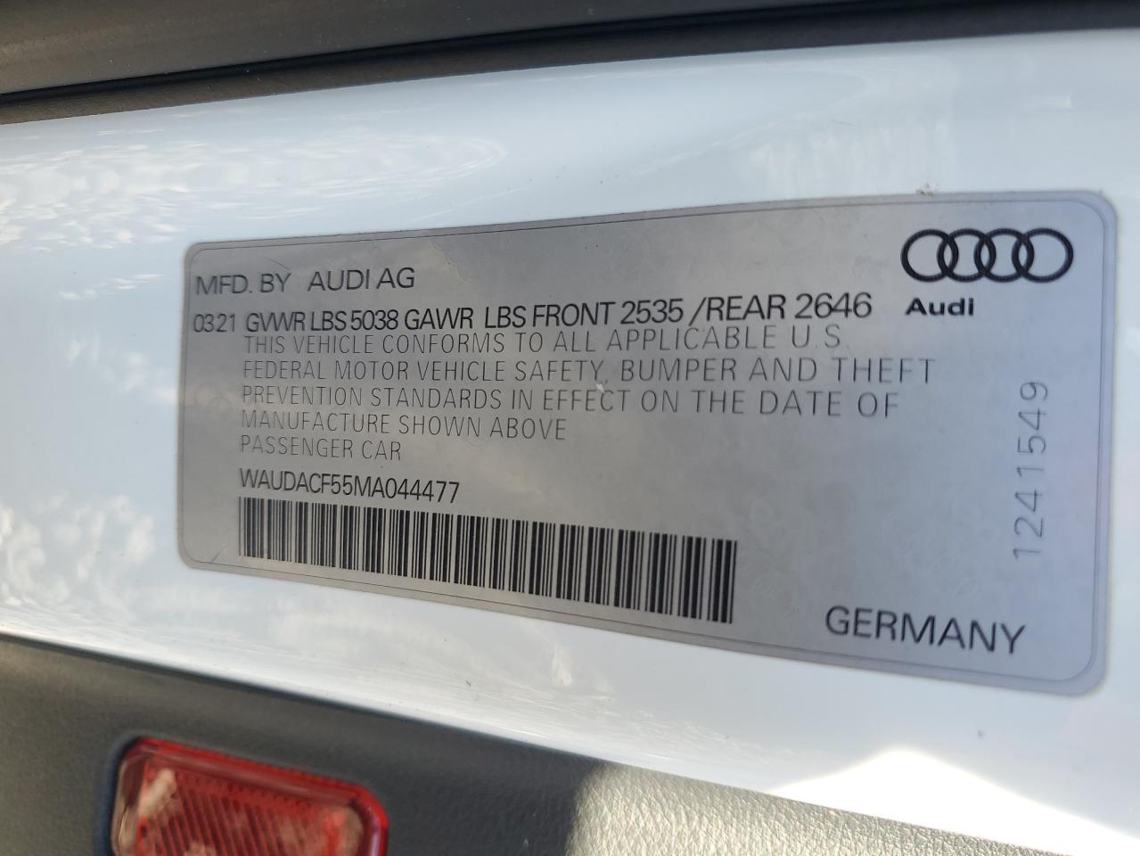 2021 Audi A5 Premium 45 VIN: WAUDACF55MA044477 Lot: 86307565