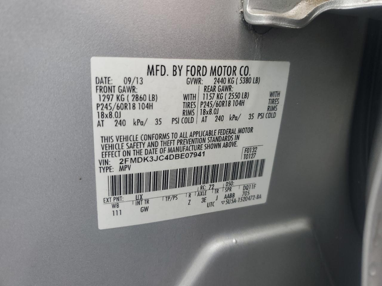 2013 Ford Edge Sel VIN: 2FMDK3JC4DBE07941 Lot: 82002265