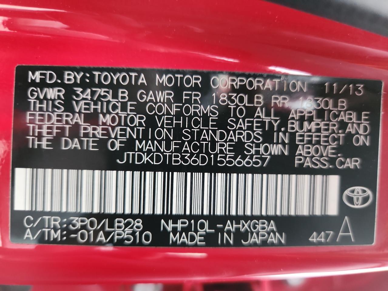 2013 Toyota Prius C VIN: JTDKDTB36D1556657 Lot: 84994135