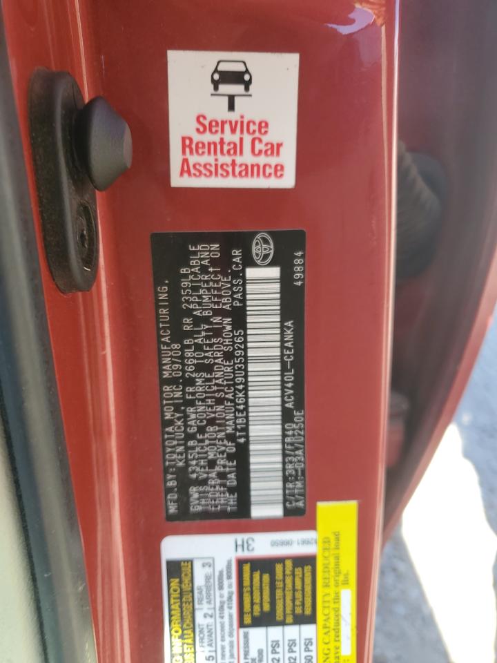 2009 Toyota Camry Base VIN: 4T1BE46K49U359265 Lot: 82414895