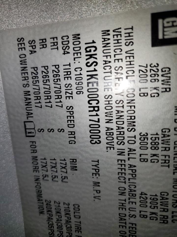 2012 GMC Yukon Xl C1500 Slt VIN: 170003 Lot: 86608795