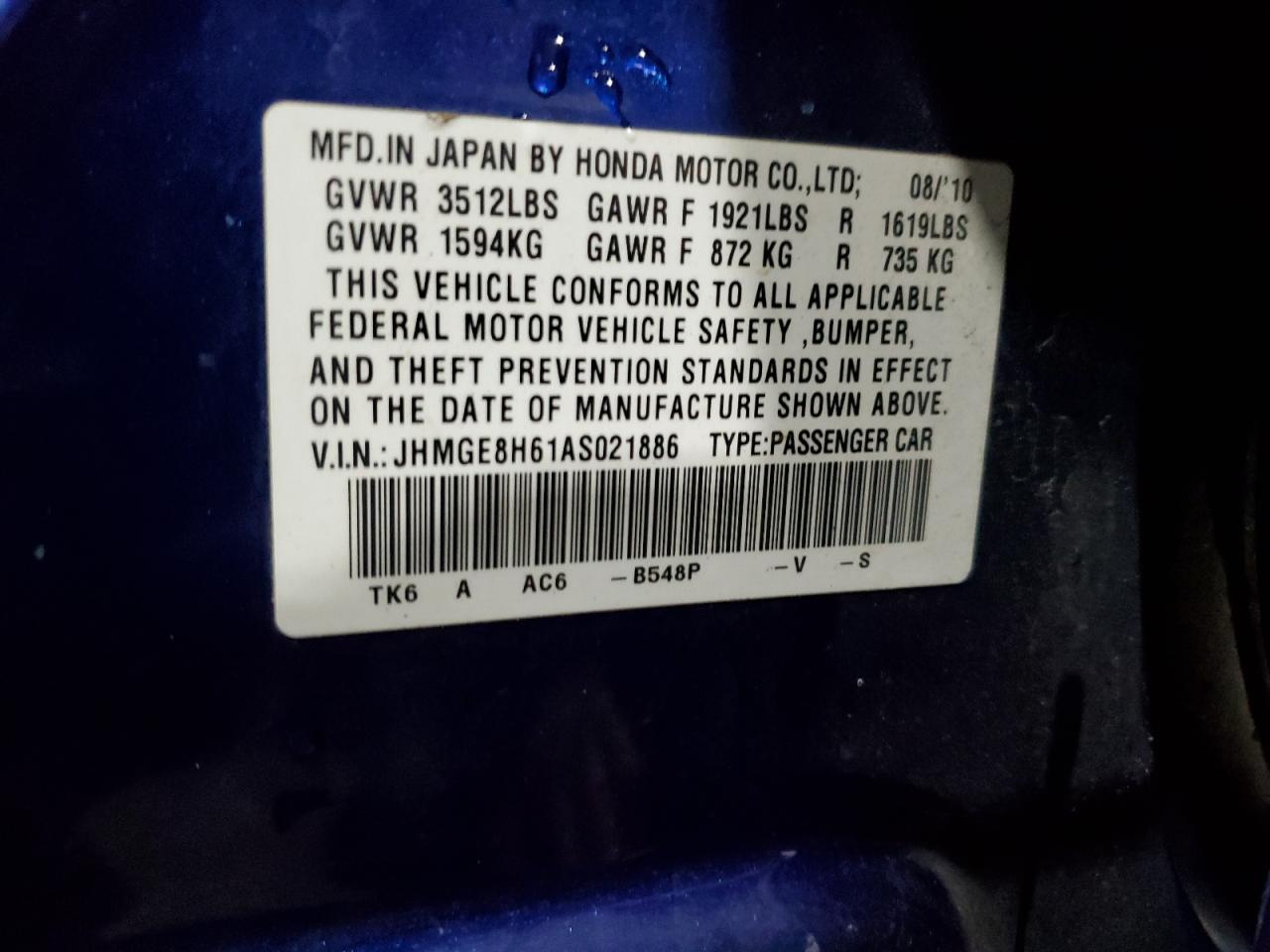 2010 Honda Fit Sport VIN: JHMGE8H61AS021886 Lot: 89706045